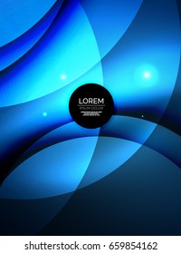 Overlapping circles on glowing abstract background with shining light effects, blue magic style design template