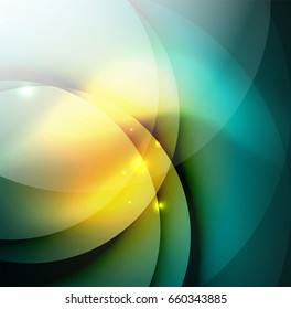 Overlapping circles on glowing abstract background with shining light effects, magic style design template