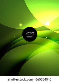 Overlapping circles on glowing abstract background with shining light effects, green magic style design template