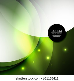 Overlapping circles on glowing abstract background with shining light effects, green magic style design template