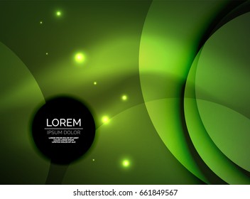 Sobreposición de círculos sobre un fondo abstracto brillante con efectos de luz brillantes, plantilla de diseño de estilo mágico verde
