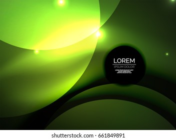 Sobreposición de círculos sobre un fondo abstracto brillante con efectos de luz brillantes, plantilla de diseño de estilo mágico verde