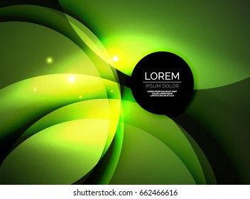 Overlapping circles on glowing abstract background with shining light effects, green magic style design template