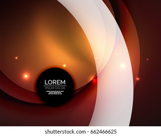Overlapping circles on glowing abstract background with shining light effects, magic style design template