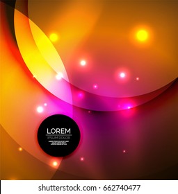 Overlapping circles on glowing abstract background with shining light effects, magic style design template