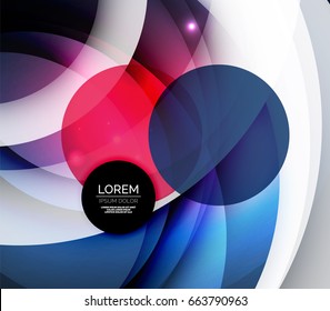 Overlapping circles on glowing abstract background with shining light effects, magic style design template