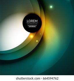 Overlapping circles on glowing abstract background with shining light effects, magic style design template