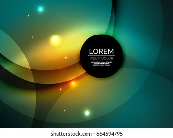 Overlapping circles on glowing abstract background with shining light effects, magic style design template