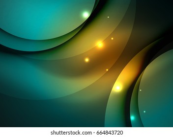 Overlapping circles on glowing abstract background with shining light effects, magic style design template