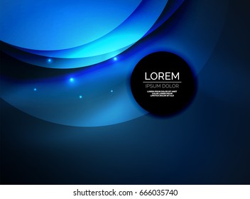 Overlapping circles on glowing abstract background with shining light effects, blue magic style design template