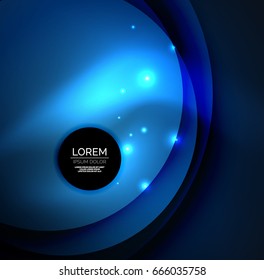 Overlapping circles on glowing abstract background with shining light effects, blue magic style design template