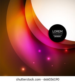 Overlapping circles on glowing abstract background with shining light effects, magic style design template
