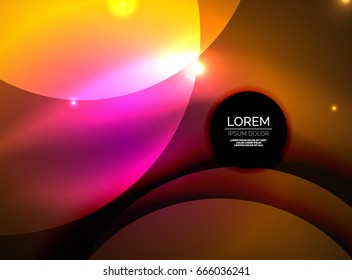 Overlapping circles on glowing abstract background with shining light effects, magic style design template