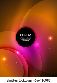 Overlapping circles on glowing abstract background with shining light effects, magic style design template