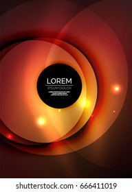 Overlapping circles on glowing abstract background with shining light effects, magic style design template