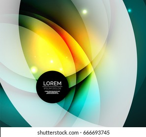 Overlapping circles on glowing abstract background with shining light effects, magic style design template