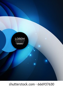 Overlapping circles on glowing abstract background with shining light effects, blue magic style design template