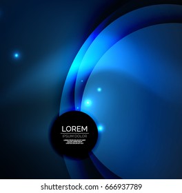 Overlapping circles on glowing abstract background with shining light effects, blue magic style design template