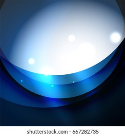 Overlapping circles on glowing abstract background with shining light effects, blue magic style design template