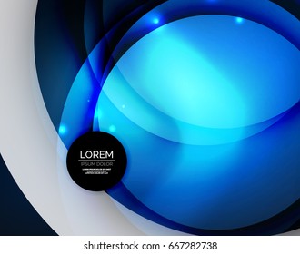Overlapping circles on glowing abstract background with shining light effects, blue magic style design template