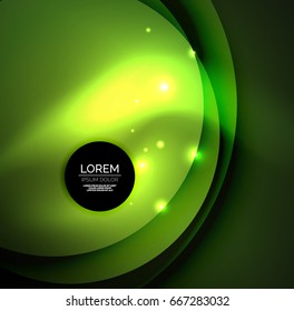 Overlapping circles on glowing abstract background with shining light effects, green magic style design template