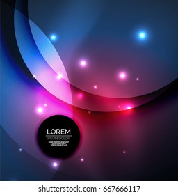Overlapping circles on glowing abstract background with shining light effects, magic style design template