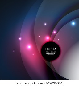 Overlapping circles on glowing abstract background with shining light effects, magic style design template