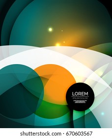 Overlapping circles on glowing abstract background with shining light effects, magic style design template