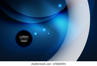 Overlapping circles on glowing abstract background with shining light effects, blue magic style design template