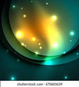 Overlapping circles on glowing abstract background with shining light effects, magic style design template
