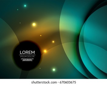 Overlapping circles on glowing abstract background with shining light effects, magic style design template