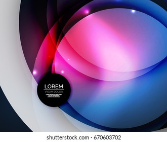 Overlapping circles on glowing abstract background with shining light effects, magic style design template