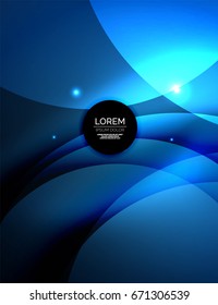 Overlapping circles on glowing abstract background with shining light effects, blue magic style design template