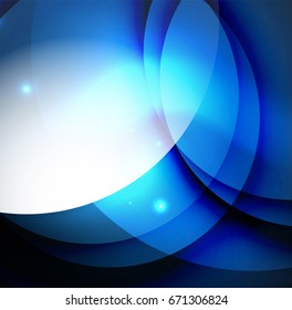 Overlapping circles on glowing abstract background with shining light effects, blue magic style design template