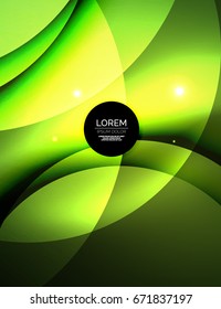 Overlapping circles on glowing abstract background with shining light effects, green magic style design template