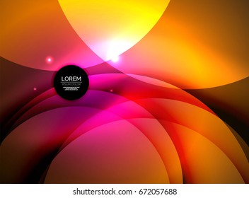 Overlapping circles on glowing abstract background with shining light effects, magic style design template