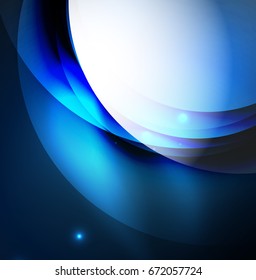 Overlapping circles on glowing abstract background with shining light effects, blue magic style design template