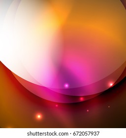 Overlapping circles on glowing abstract background with shining light effects, magic style design template