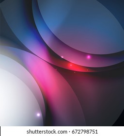 Overlapping circles on glowing abstract background with shining light effects, magic style design template