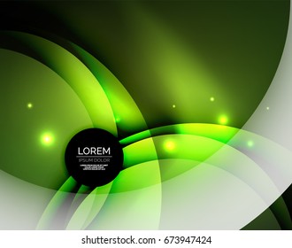 Overlapping circles on glowing abstract background with shining light effects, green magic style design template