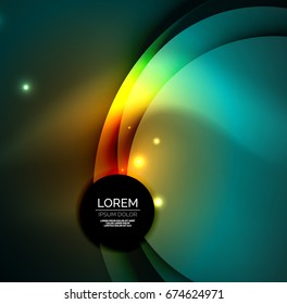 Overlapping circles on glowing abstract background with shining light effects, magic style design template