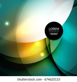Overlapping circles on glowing abstract background with shining light effects, magic style design template