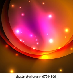 Overlapping circles on glowing abstract background with shining light effects, magic style design template