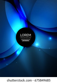 Overlapping circles on glowing abstract background with shining light effects, blue magic style design template