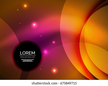 Overlapping circles on glowing abstract background with shining light effects, magic style design template