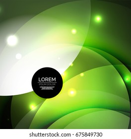 Overlapping circles on glowing abstract background with shining light effects, green magic style design template