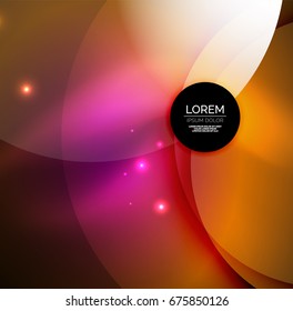 Overlapping circles on glowing abstract background with shining light effects, magic style design template