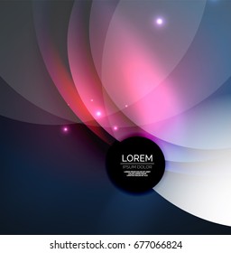 Overlapping circles on glowing abstract background with shining light effects, magic style design template