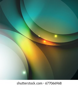 Overlapping circles on glowing abstract background with shining light effects, magic style design template