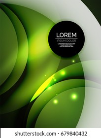 Overlapping circles on glowing abstract background with shining light effects, green magic style design template